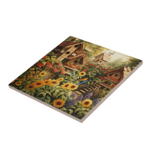 Zonnebloementuin 13 Vogelhuisjes Blauwe Vogels Tegeltje