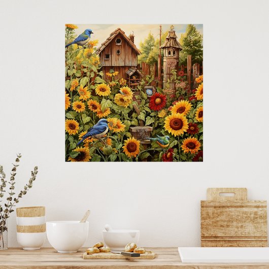 Zonnebloementuin 4 vogelhuisjes Blauwe vogels Poster (Keuken)