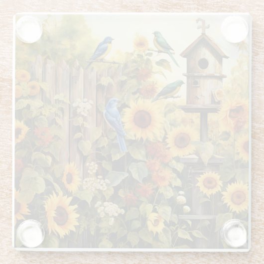 Zonnebloementuin 5 Vogelhuisjes Blauwe Vogels Glazen Onderzetter (Achterkant)