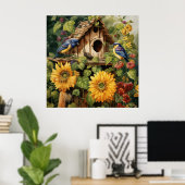 Zonnebloementuin 6 Vogelhuisjes Blauwe Vogels Poster (Thuiskantoor)