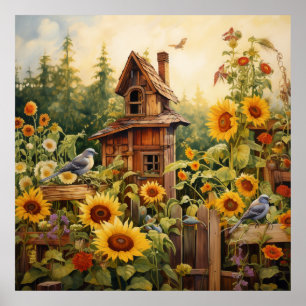 Zonnebloementuin 8 Vogelhuisjes Blauwe Vogels Poster