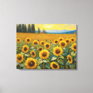 Zonnebloemenveld in het land schilderen canvas afdruk