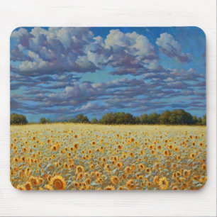Zonnebloemenweide grillige kunst bewolkte hemel muismat