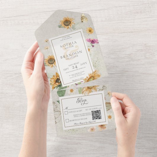  Zonnebloemkool QR-code All In One Uitnodiging (Afscheurbaar)