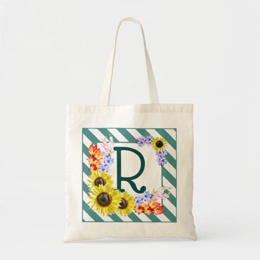 Zonnebloemmonogram Blauwgroen strepen Tote Bag (Voorkant)