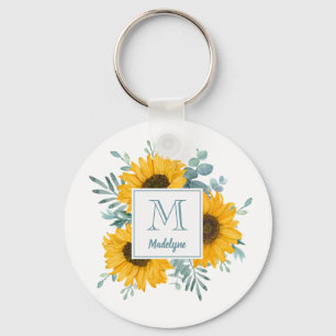 Zonnebloemmonogram Naam Gepersonaliseerde Floral Sleutelhanger