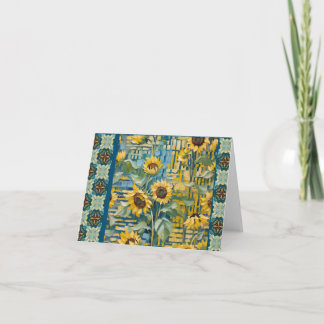 Zonnebloempapieren, gouden en blauwgroen lappendek bedankkaart