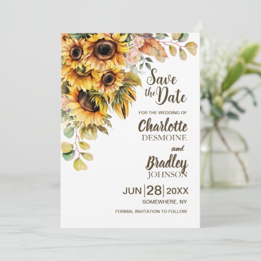 Zonnebloempels Save The Date (Staand voorkant)