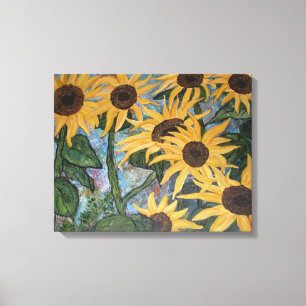 Zonnebloempersen, omwikkeld doek canvas afdruk