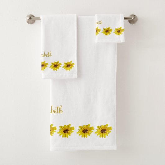 Zonnebloemrand in wit met naam bad handdoek (Insitu)