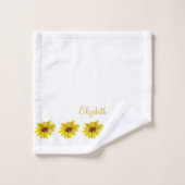 Zonnebloemrand in wit met naam bad handdoek (Wasdoekje)