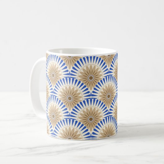 Zonnebloemretro - blauw en bruin koffiemok (Voorkant links)