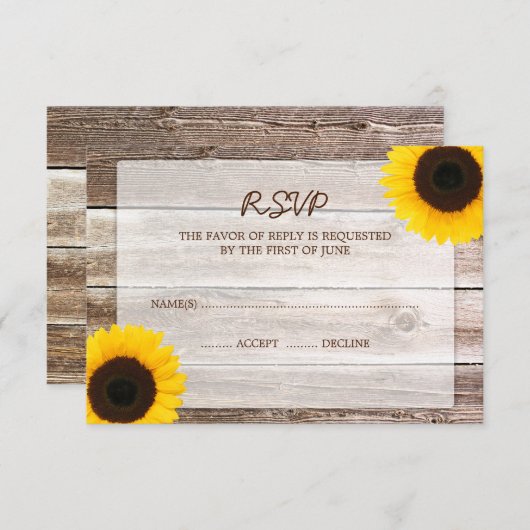 Zonnebloemschuur Houten Bruiloft RSVP Reactie Kaar (Voorkant / Achterkant)