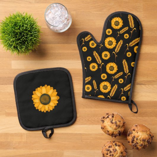 zonnebloemtarwe ovenwant & pannenlap set (Top down)