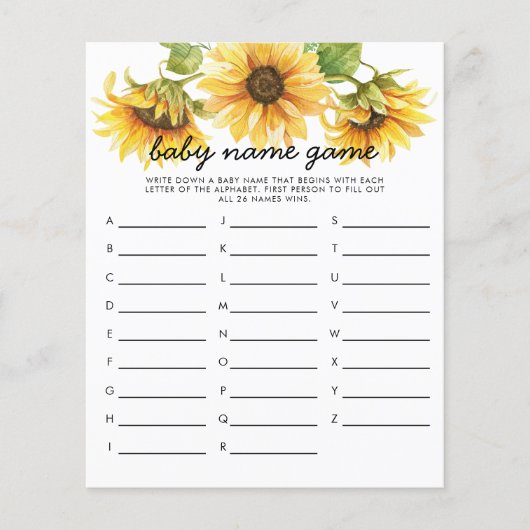 Zonnebloemthema Baby Naam Shower Game (Voorkant)