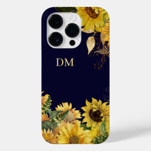 Zonnebloemtuin op marineblauw monogram Case-Mate iPhone 14 pro hoesje