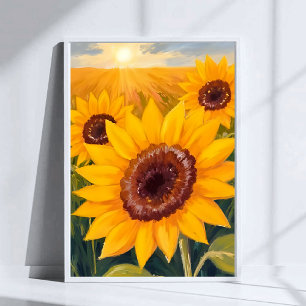 Zonnebloemveld Geel bloemschilderwerk in waterve Poster