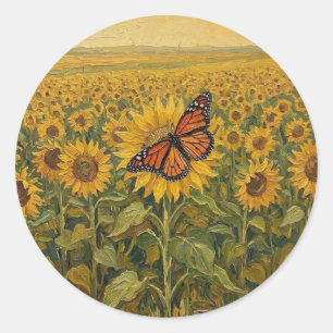Zonnebloemveld met monarchvlinder ronde sticker