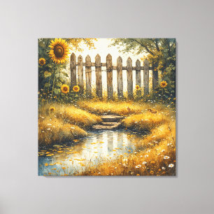 Zonnebloemveld met roestige omheining canvas afdruk