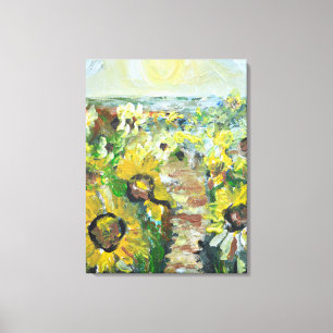Zonnebloemveld onder gloeiende zon canvas afdruk