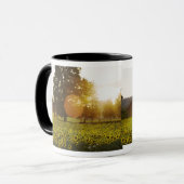 Zonnebloemveld op zonsondergang met een schuur mok (Voorkant links)