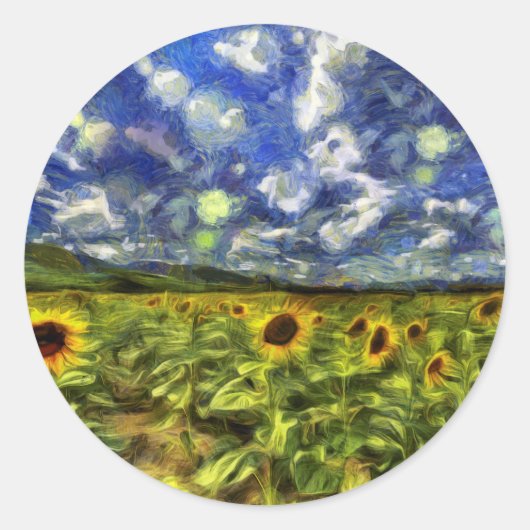 Zonnebloemveld Van Gogh Ronde Sticker (Voorkant)
