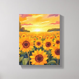 Zonnebloemveld Zonsondergang Landschapschilderij Canvas Afdruk