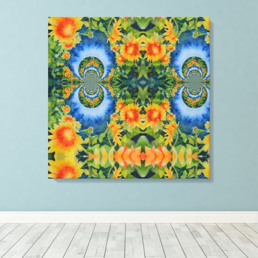 Zonnebloemvelden voor altijd, retro-surrealistisch canvas afdruk (Insitu (Houten vloer))