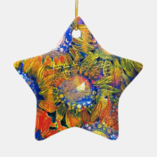 Zonnebloemverf, gemengde media-collage keramisch ornament