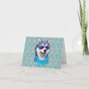 Zonnebril-dragende Husky Hond in Speelse Splash Bedankkaart
