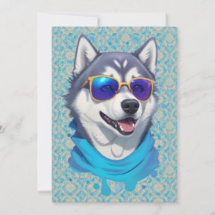 Zonnebril-dragende Husky Hond in Speelse Splash Feestdagenkaart