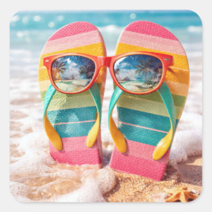 Zonnebril op teenslippers in strandzand vierkante sticker