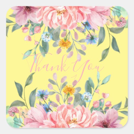 Zonnegeel met bloemen vierkante sticker (Voorkant)