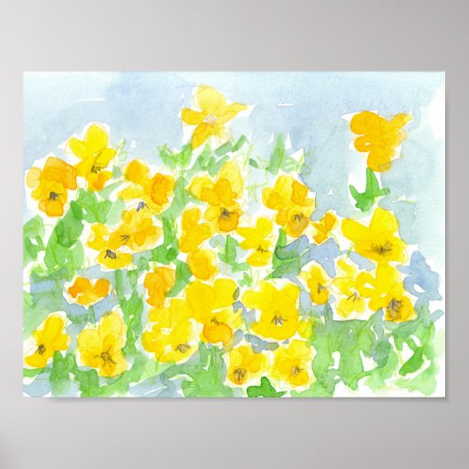 Zonnegeel Pansy Flowers Waterverf Schilderen Poster (Voorkant)