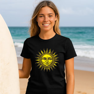 Zonnegezicht Hemelse Kunst Retro Houtsnijstijl T-shirt