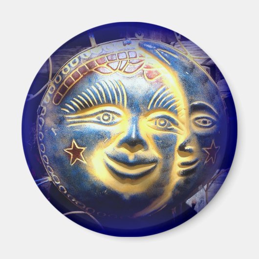 Zonnegezicht/Maan Gezicht Blauwe Magneet (Voorkant)