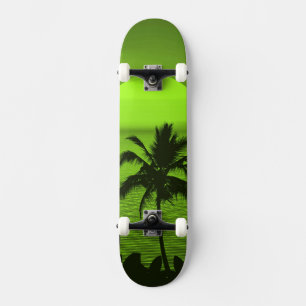Zonnegroene tropicepenpalmstrand instellen skateboard