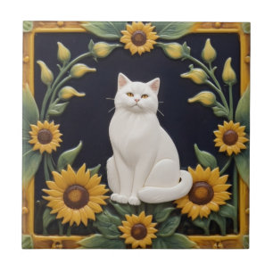 Zonnekatten - Witte Kat & Gele Zonnebloemen Tegeltje