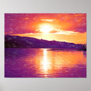 Zonnekuststrand Oranje Paarse kunst Poster