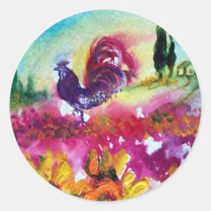 ZONNEN EN ZWARTE ROOSTER RONDE STICKER
