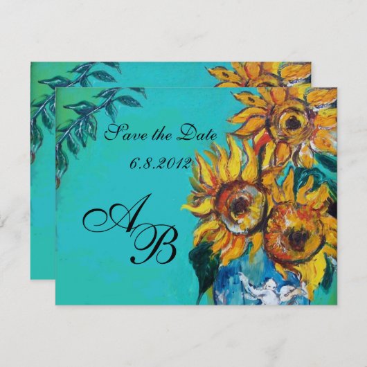 ZONNEN IN BLAUWE TURQUOÏE SUMMER-MONOGRAM KAART (Voorkant / Achterkant)