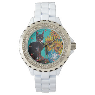 ZONNEN MET ZWARTE CAT, Geel, Turquoise Blue Horloge
