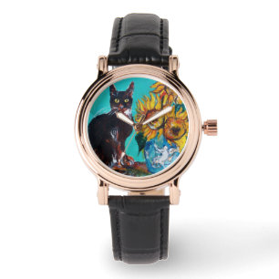 ZONNEN MET ZWARTE CAT-gele Turquoise Blue Horloge