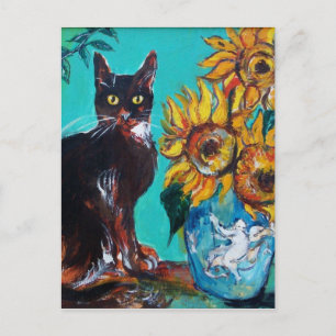 ZONNEN MET ZWARTE KAT IN BLAUWE TURQUOÏE BRIEFKAART