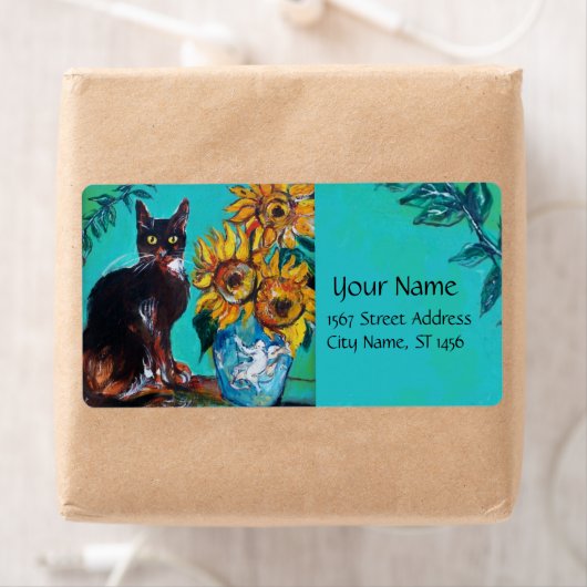 ZONNEN MET ZWARTE KAT IN BLAUWE TURQUOÏE ETIKET (Insitu)