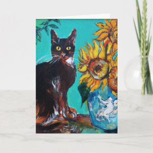 ZONNEN MET ZWARTE KAT IN BLAUWE TURQUOÏE KAART