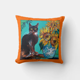 ZONNEN MET ZWARTE KAT IN BLAUWE TURQUOÏE KUSSEN