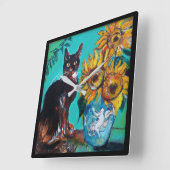 ZONNEN MET ZWARTE KAT IN BLAUWE TURQUOÏE VIERKANTE KLOK (Hoek)