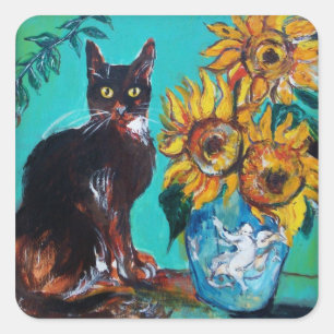 ZONNEN MET ZWARTE KAT IN BLAUWE TURQUOÏE VIERKANTE STICKER