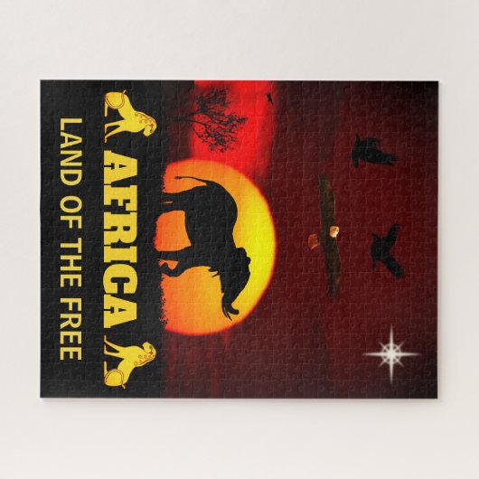 Zonneopkomst, adelaars, leeuwen en olifant op Afri Legpuzzel (Horizontaal)